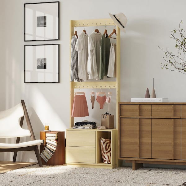 Yellow Wood Grain Freestanding Closet Organizer, Clothes Rack with 2 Hanging Rods, 2 Push-to-Open Drawers and Open Shelf
