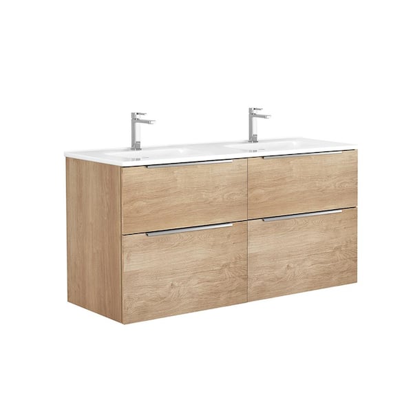 WS Bath Collections Dalia 47.6 in. W x 18.1 in. D x 23.8 in. H Double Sink Wall Mounted Bath Vanity in Natural Oak with White Ceramic Top