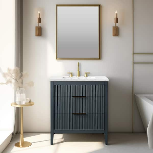 Emma 30 in. W Bath Vanity in Vintage Blue with Engineered Stone Top in Arabescato with White Sink