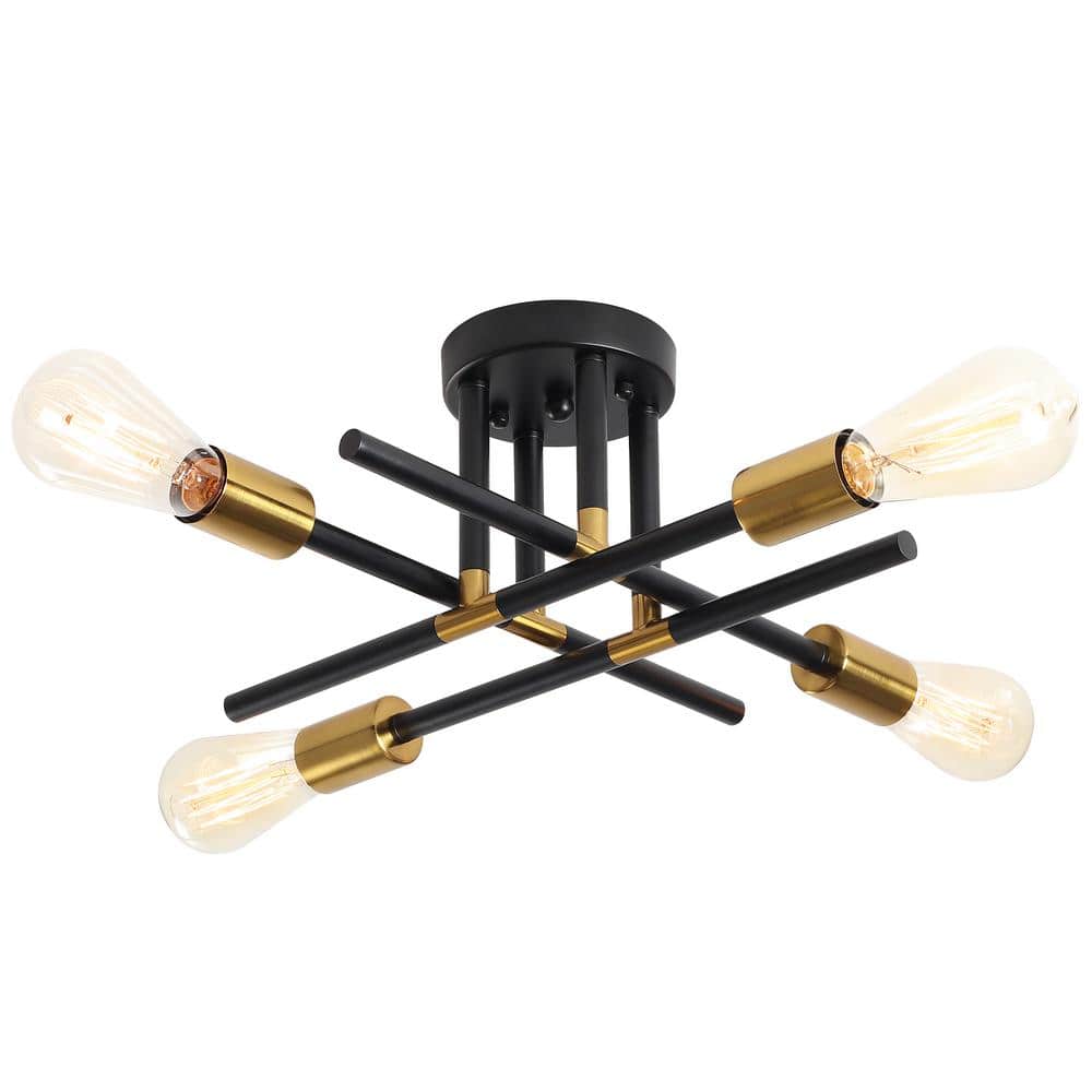 Modern 18.5 in. 4-Light Black and Gold Sputnik Linear Semi- Flush Mount Cei