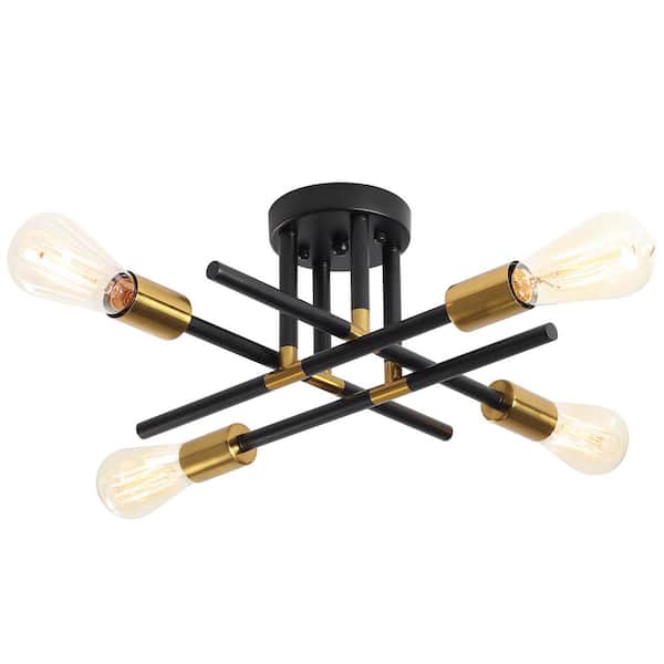 ADSENSTY Modern 18.5 in. 4-Light Black and Gold Sputnik Linear Semi- Flush Mount Ceiling Lights