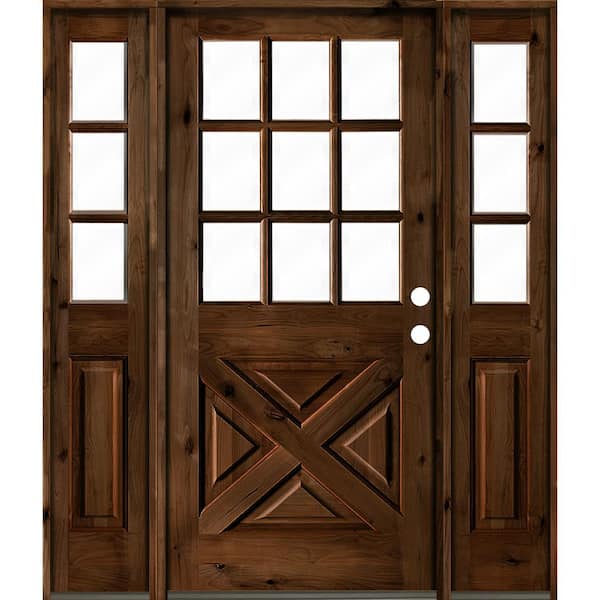Krosswood Doors 60 in. x 80 in. Alder 2 Panel Left-Hand/Inswing Clear Glass Provincial Stain Wood Prehung Front Door w/Double Sidelite