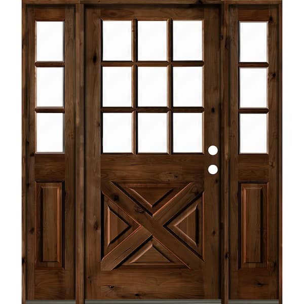 Krosswood Doors 64 in. x 80 in. Alder 2 Panel Left-Hand/Inswing Clear Glass Provincial Stain Wood Prehung Front Door w/Double Sidelite