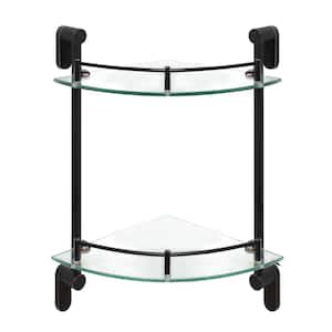 Oval 10.5 in. W Double Glass Corner Shelf with Pre-Installed Rails in Rubbed Bronze