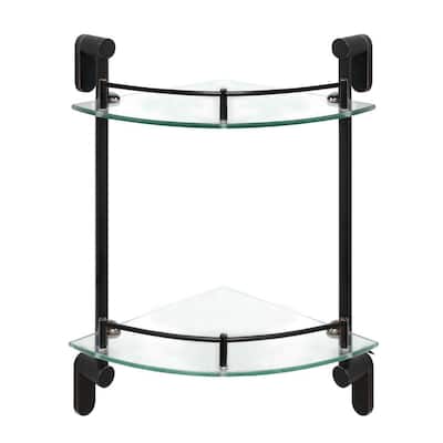 Oval 10.5 in. W Double Glass Corner Shelf with Pre-Installed Rails in Rubbed Bronze
