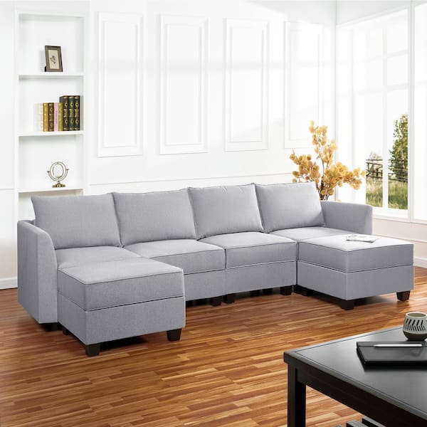 MAYKOOSH 113 in. Straight Arm 7-Piece Linen Modular Sectional Sofa in Gray with Chaise - Sofa Couch for Living Room/Office
