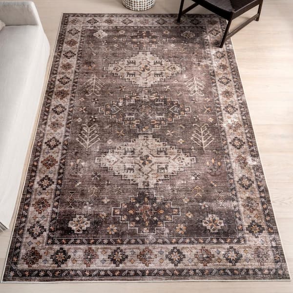 Barbary Distressed Spill Proof Washable Dark Brown 9 ft. x 12 ft. Indoor Area Rug