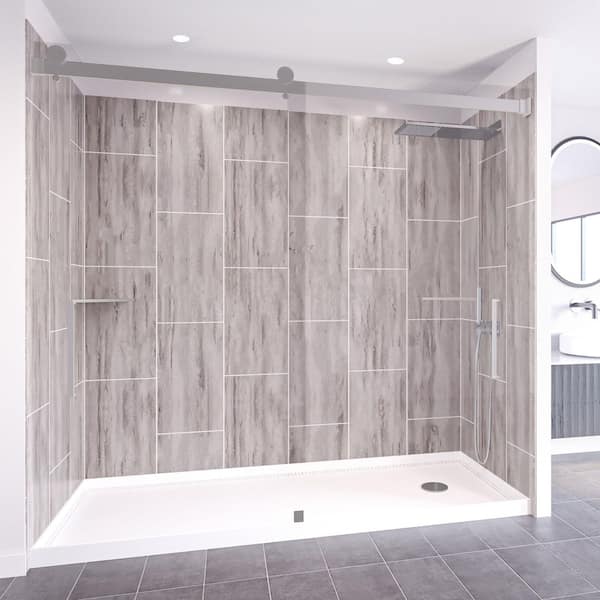 NuVo Driftwood-Tetherow 60 in. x 32 in. x 83 in. Base/Wall/Door Rectangular Alcove Shower Stall/Kit Chrome Right