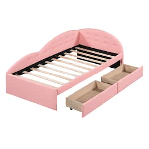 Wood Frame Twin Size Leather Tufted Platform Bed, Daybed with 2-Drawers and Cloud Shaped Guardrail, Pink