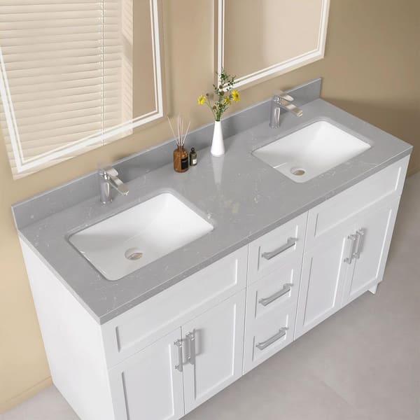 Gudt 60 in. W x 22 in. D Engineered Stone Vanity Top Rectangular Double White Sink Bathroom Vanity Top in Gray