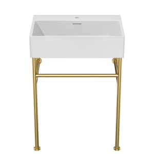 24 in. Bathroom Ceramic Console Sink with Overflow and Gold Stainless Steel Legs