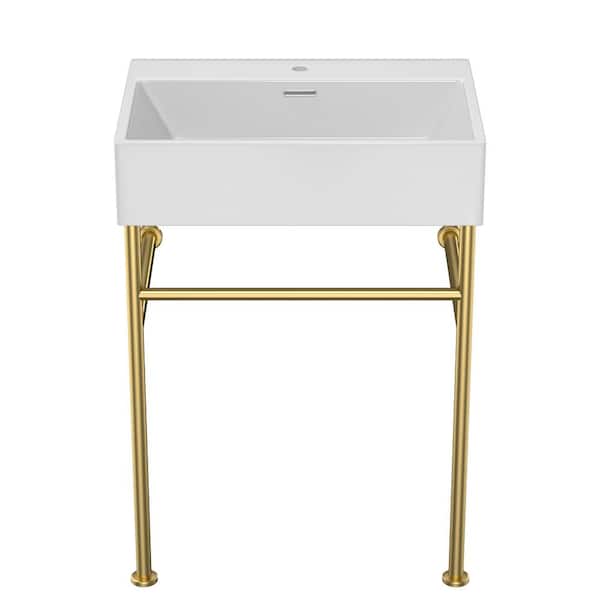 24 in. Bathroom Ceramic Console Sink with Overflow and Gold Stainless Steel Legs