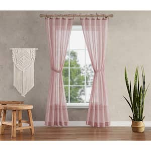 Nora Embroidered 52 in. W x 84 in. L Polyester Faux Linen Sheer Grommet Tiebacks Curtain in Blush Pink (2 Panels)