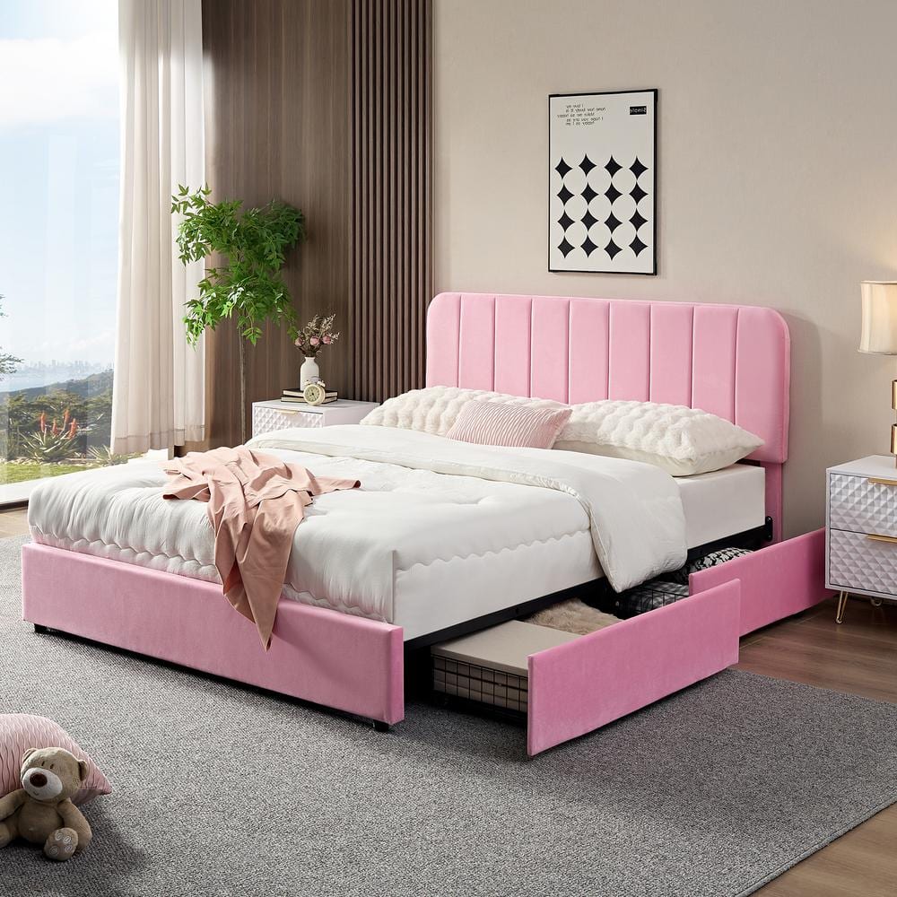 VECELO Upholstered Bed Pink Metal Frame Full Size Platform Bed With 4 ...