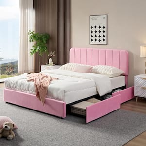 Upholstered Bed Pink Metal Frame Full Size Platform Bed with 4-Storage Drawers and Headboard, Wooden Slats Support