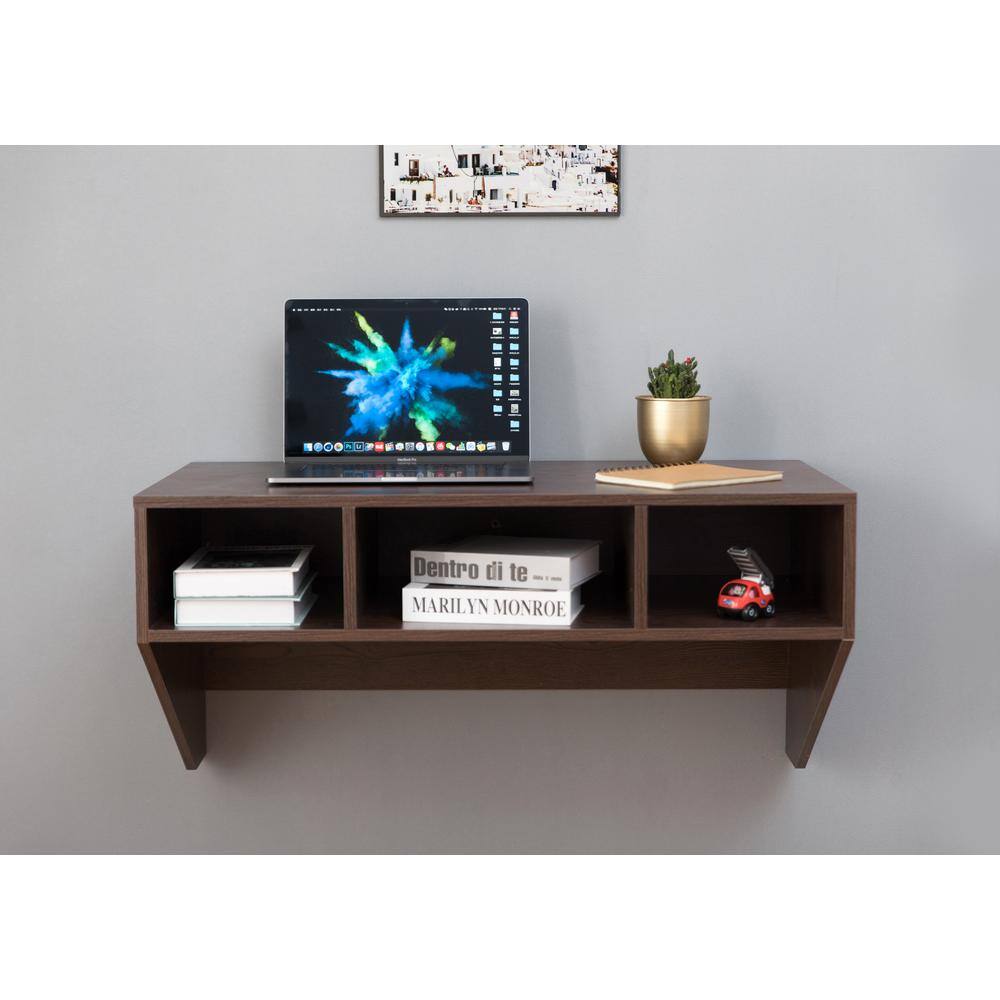 Brown Wall Mounted Wood Hanging Desk with Storage Compartments