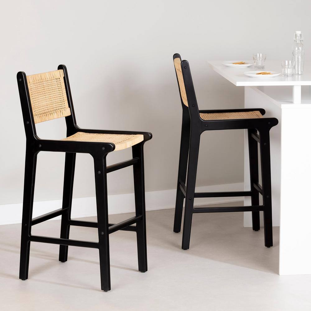 Balka 29" Rattan and Black Wood Boho-Chic Bar Stools, Set of 2
