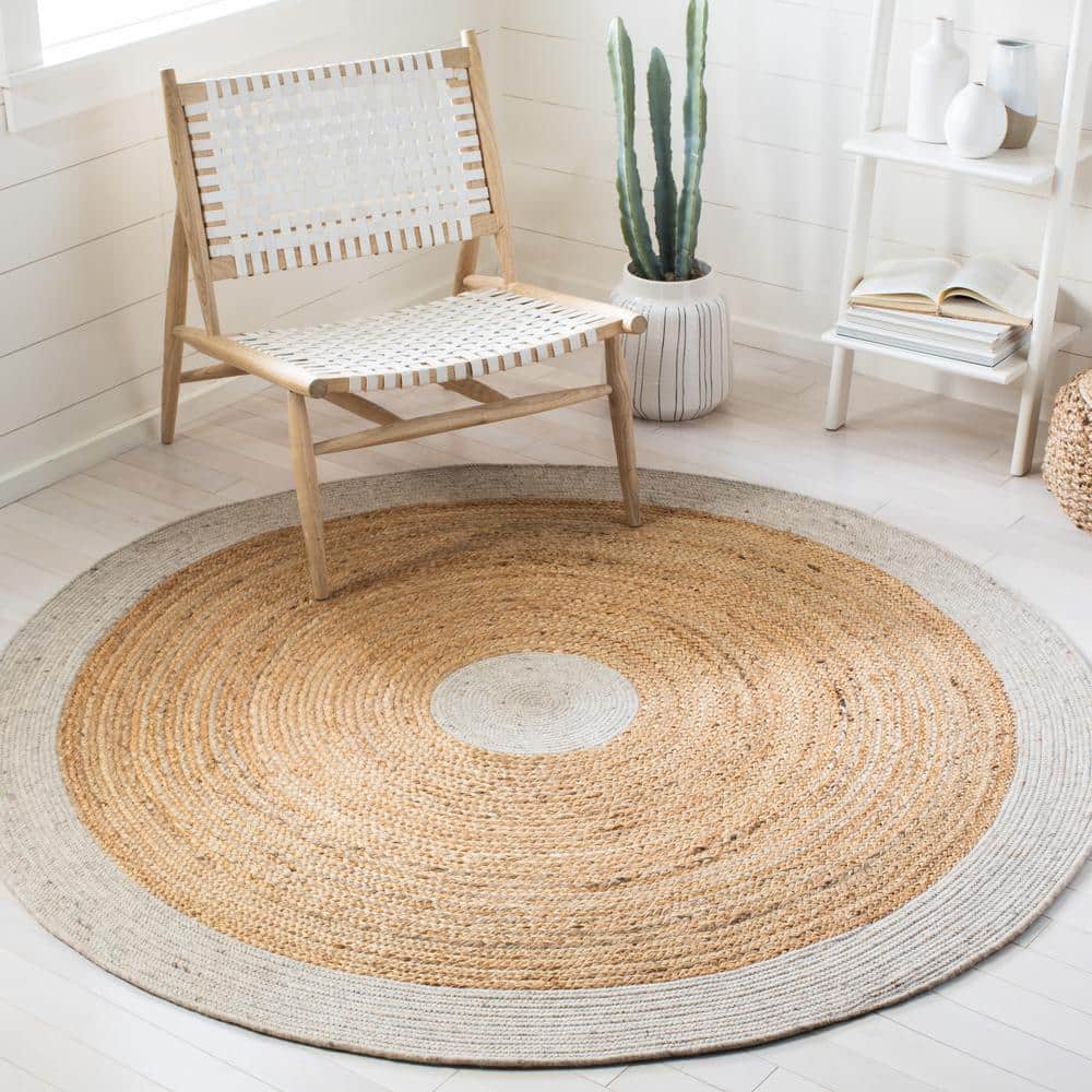 Handmade Beige and Natural Round Wool Cotton Rug, 5' x 5'