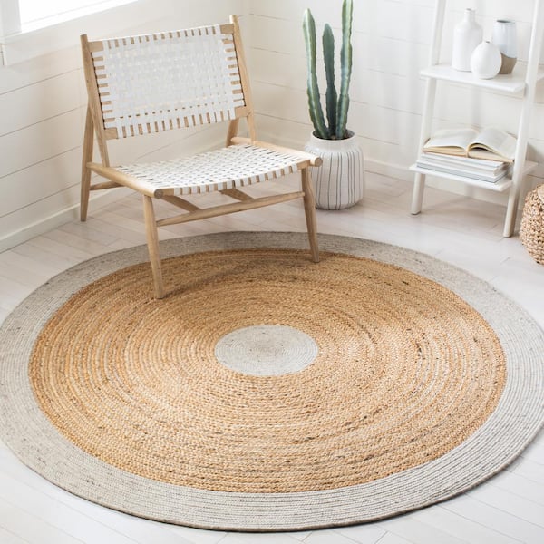 Braided Beige/Natural 5 ft. x 5 ft. Round Solid Border Area Rug