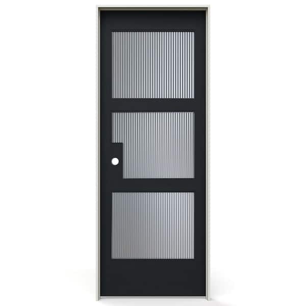 30 in. x 80 in. Right-Handed 3 Lite Reeded Glass Black Stain Solid Core Wood Single Prehung Interior Door w/ Flat Jamb