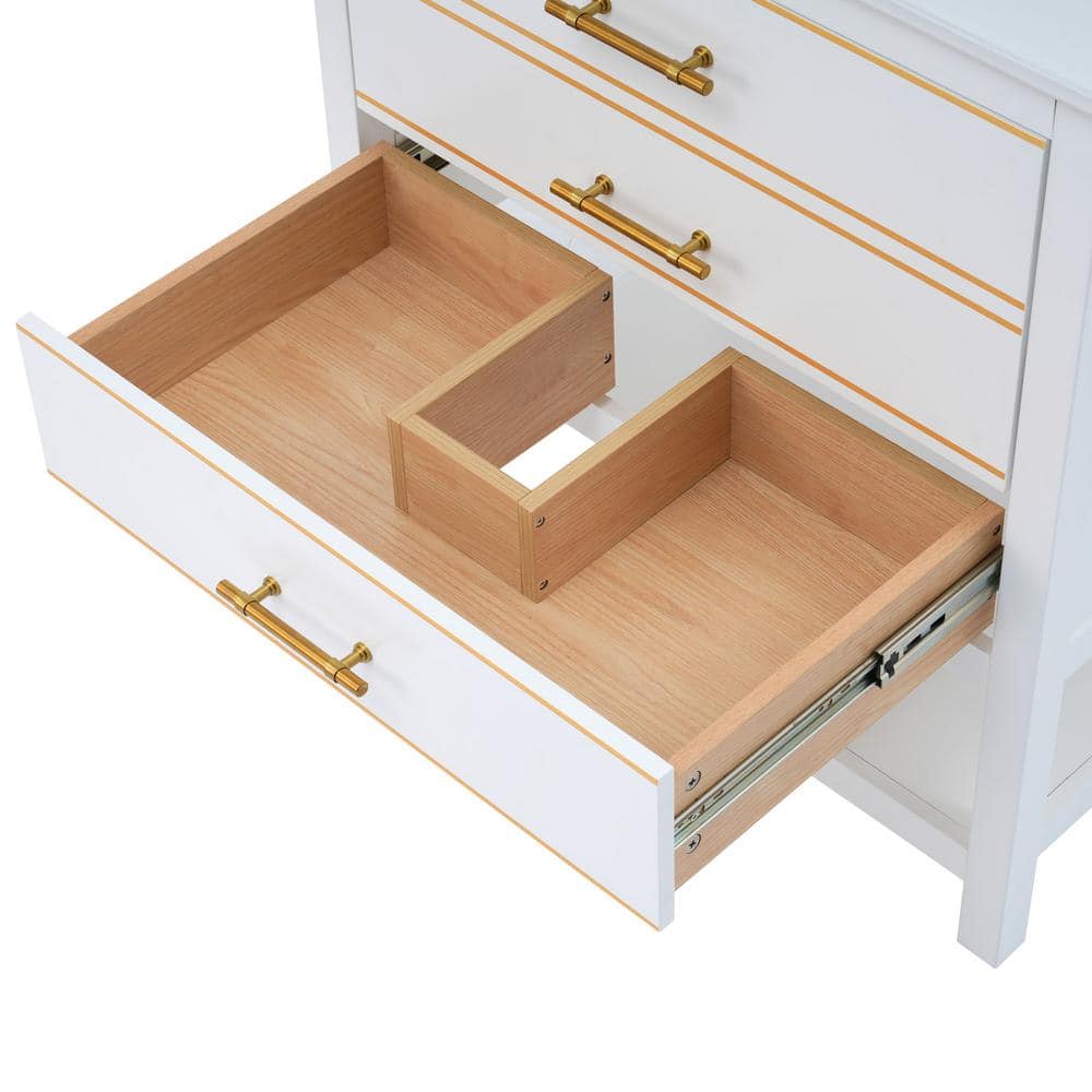 White and Gold Freestanding Single Sink Vanity with Ceramic Top