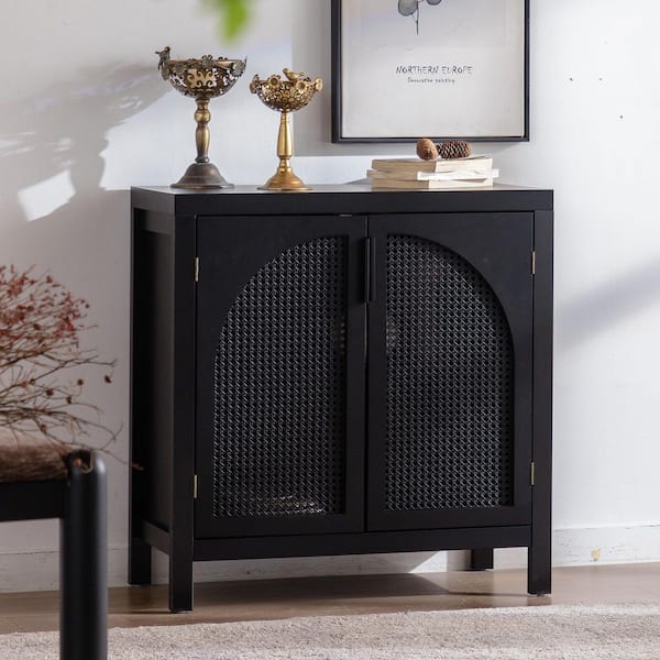 Bertha Black 30.2 in. H x 28.94 in. W Accent Storage Cabinet Sideboard with Rattan Doors, Adjustable Shelf