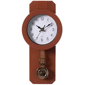 Traditional Brown Round Wood- Looking Pendulum Plastic Wall Clock for Living Room, Kitchen, or Dining Room