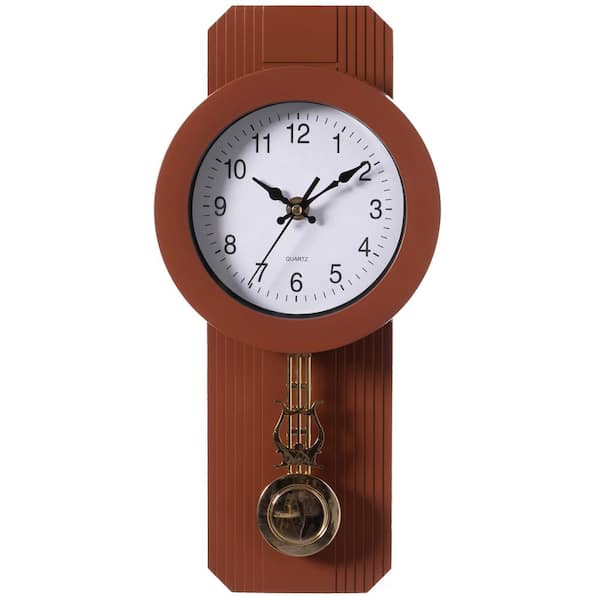 CLOCKWISE Traditional Brown Round Wood- Looking Pendulum Plastic Wall Clock for Living Room, Kitchen, or Dining Room