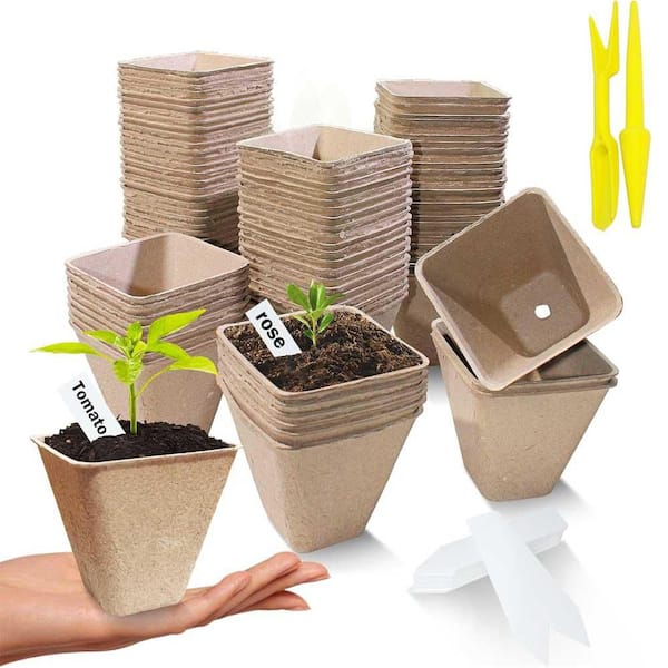 Phewnyzo 70-Pack Biodegradable 3.15 in. Square Peat Pots for Seedlings with 100 Plant Labels and 2 Transplant Tools