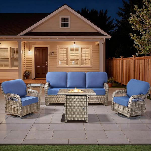 Tyber 5-Piece Gray Wicker Patio Conversation Sets Wicker Patio Fire Pit Table Sectional Seating Set with Blue Cushions