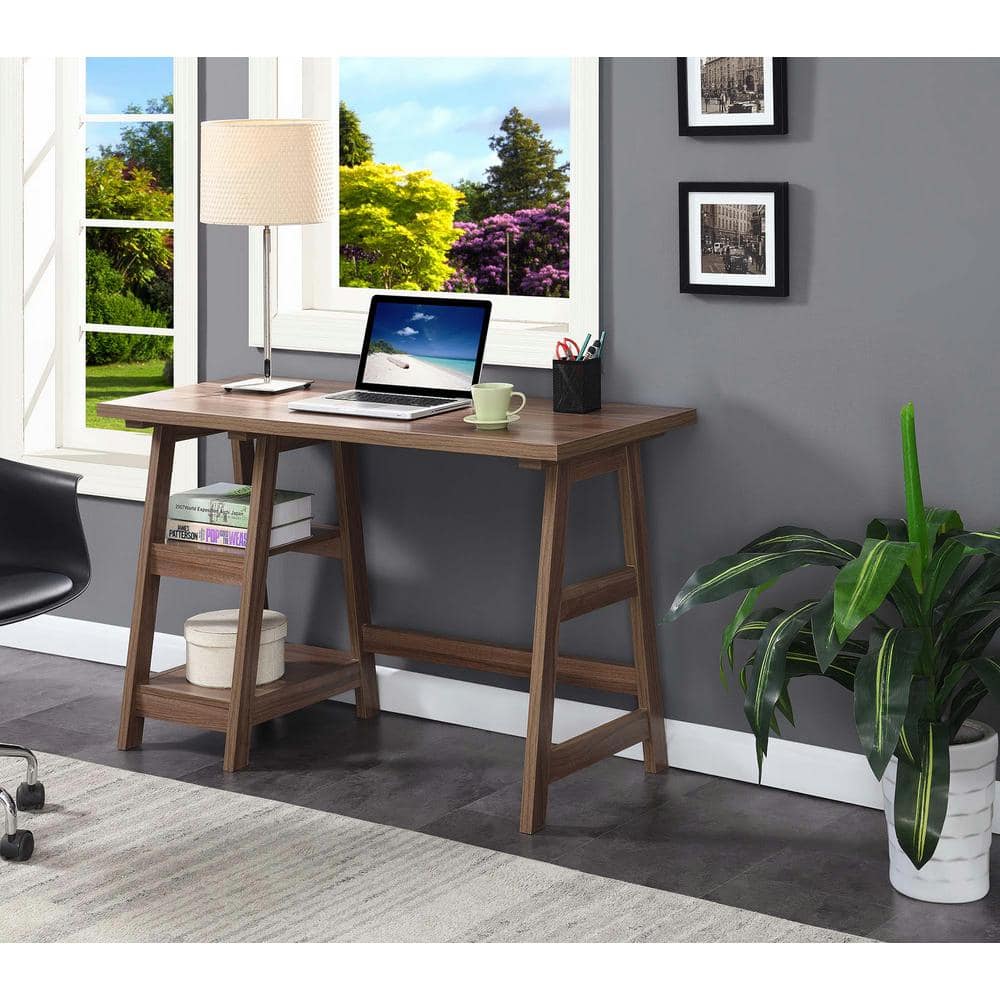 Cappuccino Wood Trestle Desk with Shelves, 47"