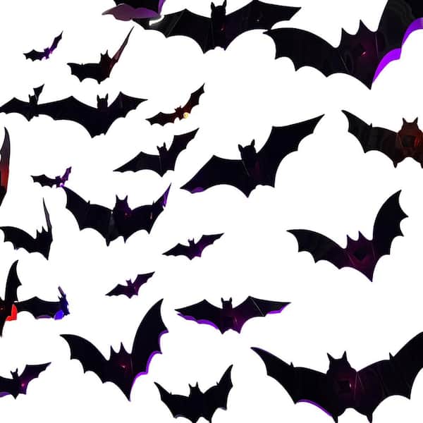 Lighted Realistic 3D Bat Stickers Assorted Size Halloween Bats Wall Decor (36-Pack), Red, Purple and Blue Bats