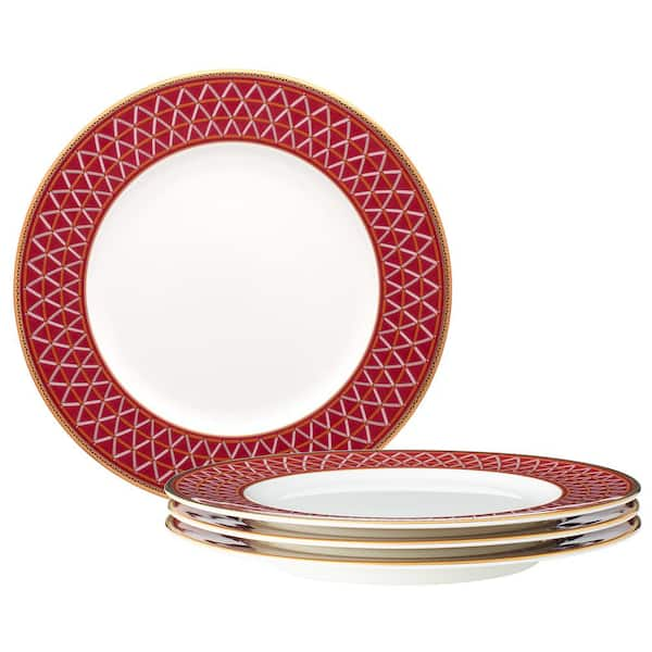 Noritake Crochet White and Deep Red, Bone China Set of 4 Salad Plates, 8.5 in.