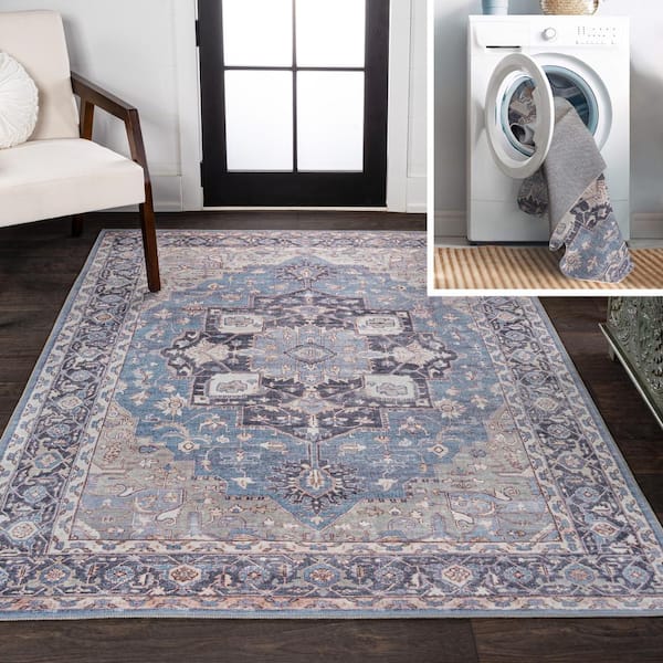 Maris Ornate Medallion Machine-Washable Blue/Cream 4 ft. x 6 ft. Area Rug