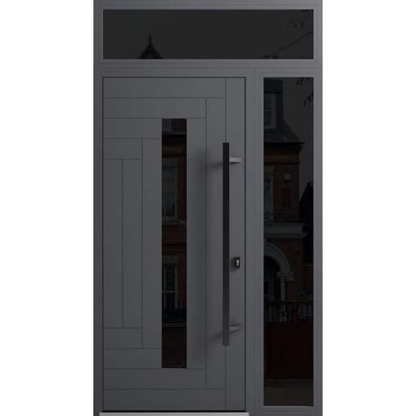 VDOMDOORS 0130 52 in. x 96 in. Left-hand/Inswing Sidelight and Transom Tinted Glass Grey Steel Prehung Front Door with Hardware