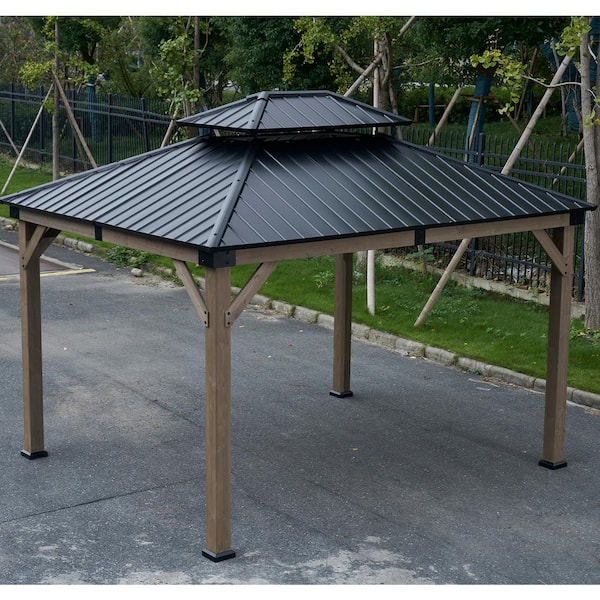 10 ft. x 12 ft. Cedar Wood Frame Hardtop Double Roof Gazebo with Ceiling Hook