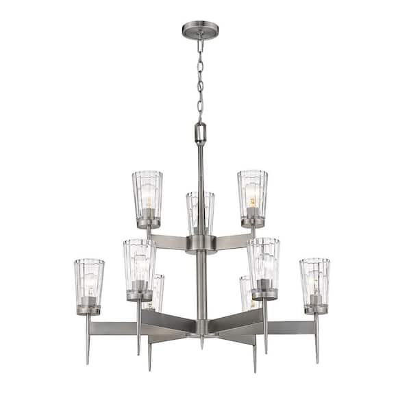 Unbranded Flair 9-Light Antique Nickel Indoor Shaded Chandelier Light with Clear Glass Shade With No Bulb Included