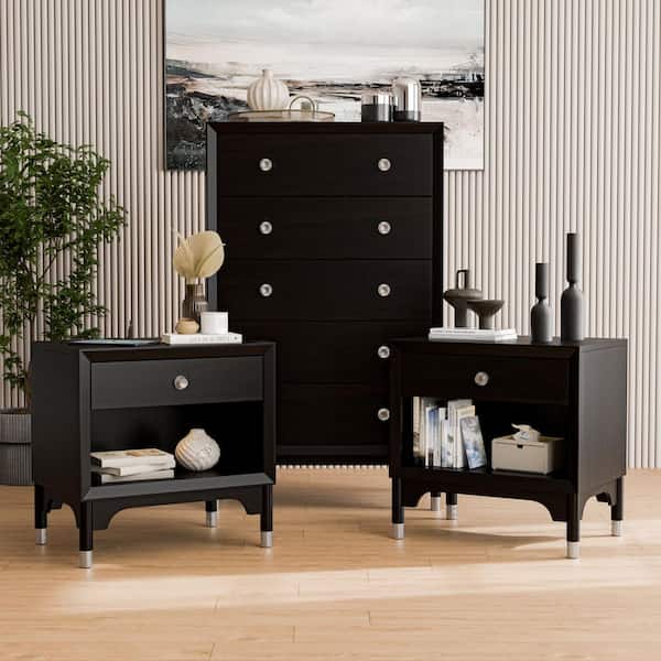 Furniture of America Forma 3-Piece Mid Century Black 1-Drawer 26 in. W Set of 2-Nightstands and Chest