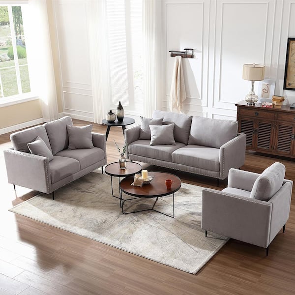 Morden Fort Modern Classic Couch 72 in. Straight Arm Velvet Upholstered Rectangle Sofa with Nail Head Trim and Pillows in Grey