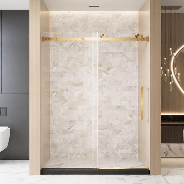 56-60 in. W x 76 in. H Frameless Single Sliding Shower Door in Brushed Gold with 1/4 in. (6 mm) Clear Tempered Glass