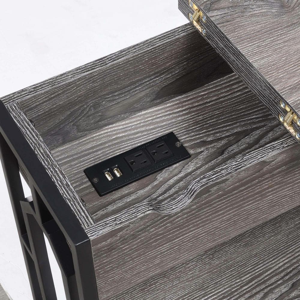 Weathered Gray Wood and Black End Table with Charging Station