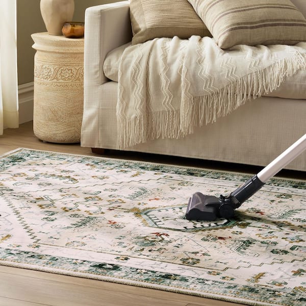 EVERWASH Haven 6 ft. x 9 ft. Ivory Modern Medallion Washable Area Rug