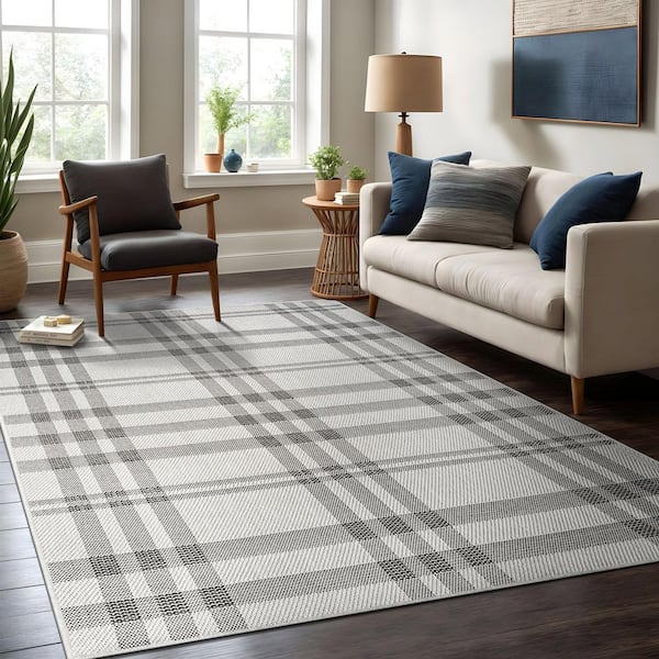 Coastal Gray/Beige 9 ft. x 12 ft. Plaid Washable Easy Jute Modern Indoor Outdoor Area Rug