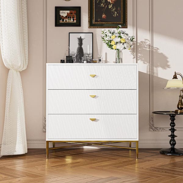 Boyel Living White 3-Drawer Water Ripple Finish Designs Wood Nightstand with Square Support Legs