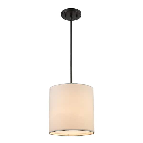 10 in. 1-Light Black Drum Pendant Light Fixture with Linen Shade