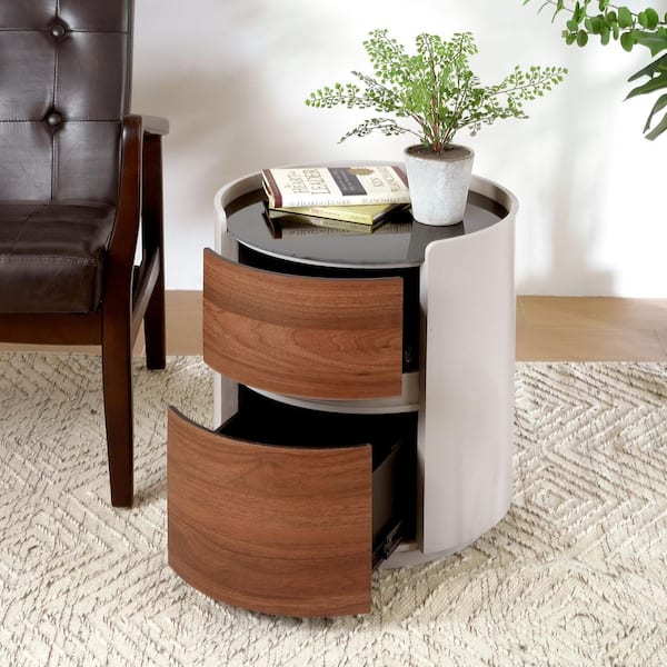 17.87 in. Brown and Gray Round Glass Top Double Storage End Table with 2 Drawers, Wood Frame