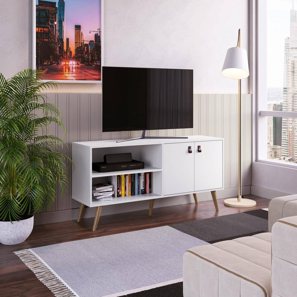 Amber White MDF TV Stand with Faux Leather Handles and Cabinet