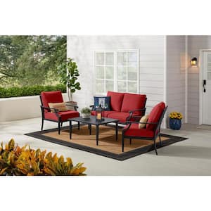 Braxton Park 4-Piece Black Steel Outdoor Patio Conversation Deep Seating Set with CushionGuard Chili Red Cushions