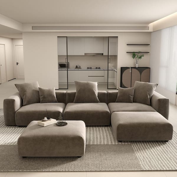 Magic Home 91 in. Square Arm Oversized 3-Piece L-shaped Corduroy Modular Sectional Sofa Rearrangeable Couch with Ottomans in Brown