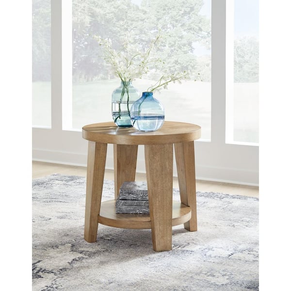 Signature Design By Ashley Kristiland 26 in. Brown Round Wood End Table with Storage and Shelves